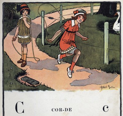 Dětská knížka „“ Budu číst – Metodická a zábavná abeceda od táty“““ 1926. Ilustrace Robert Salles (1871-1929). Abecedary: písmeno C jako lano. Dvě dívky hrají skákání přes švihadlo. od Robert Salles