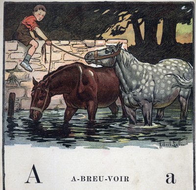 Dětská knížka „“ Budu číst – Metodická a zábavná abeceda od táty“““ 1926. Ilustrace Robert Salles (1871-1929). Abecedary: písmeno A jako pitná voda. Dva koně pijí vodu. od Robert Salles