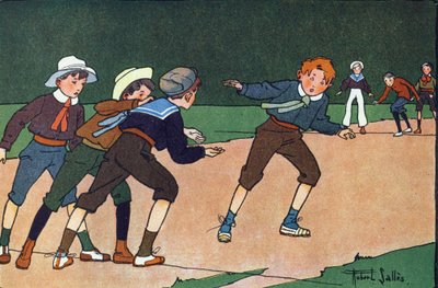 Bary (týmová hra, ve které se musí nenápadně přejít do protějšího tábora symbolizuje čára na zemi, aby se dostali do zajetí). Rytí do „“ Co hrajeme? “” od E. Webera s akvarelovými kresbami Roberta Sallese (1871-1929). Knihovna Garnier od Robert Salles