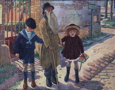 Hůl nevidomých: dvě děti pomáhají slepému starci chodit. Ilustrace Robert Salles (1871-1929) v „“ Je sais Lire““. od Robert Salles