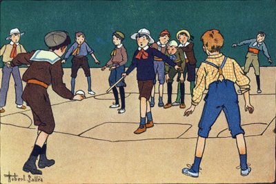 Theque (týmová hra s míčem a holí). Rytí do „“ Co hrajeme? “” od E. Webera s akvarelovými kresbami Roberta Sallese (1871-1929). Knihovna Garnier Freres, Paříž od Robert Salles