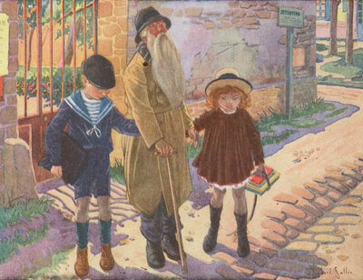 Dvě děti pomáhají starému slepci, který ztratil hůl (barevná litografie) od Robert Salles