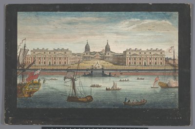 Pohled na nemocnici Greenwich na řece Temži v Greenwichi Vyhlídka na nemocnici Greenwich od řeky (název na objektu) Londýn (název série) od Robert Sayer
