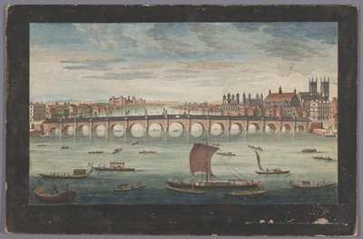 Pohled na Westminsterský most přes řeku Temži v Londýně, při pohledu ze severu Jižní pohled na Westminster Bridge (název na objektu) od Robert Sayer