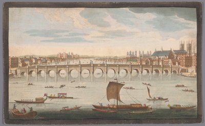 Pohled na Westminsterský most přes řeku Temži v Londýně, při pohledu ze severu Jižní pohled na Westminster Bridge (název na objektu) od Robert Sayer