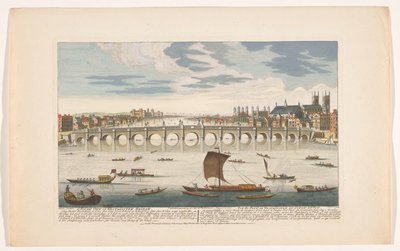 Pohled na Westminsterský most přes řeku Temži v Londýně, při pohledu ze severu Jižní pohled na Westminster Bridge (název na objektu) od Robert Sayer