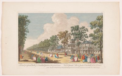 Pohled na avenue ve Vauxhall Gardens v Londýně, při pohledu od vchodu Pohled na Grand Walk atd. ve Vauxhall Gardens, převzato z entranee (název na objektu) Ranelagh Gardens a Vauxhall Gardens (název série) od Robert Sayer