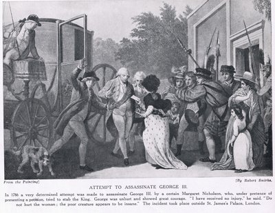 Pokus o atentát na krále Jiřího III., ilustrace z „Hutchinsonových dějin národů“, kolem roku 1910 od Robert Smirke