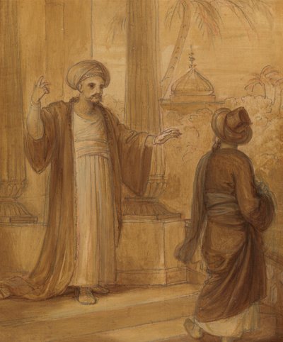 Ilustrace pro východní romanci, možná „Arabské noci“, se dvěma stojícími mužskými postavami od Robert Smirke