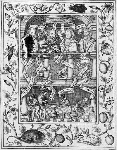 Velcí alchymisté inspirují práci v laboratoři z Theatrum Chemicum Britannicum, 1652 od Robert Vaughan