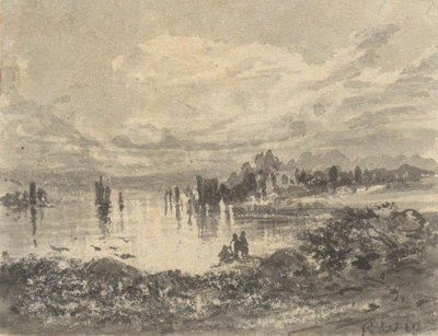 Pohled na jezero a hory s postavami od Robert Walter Weir