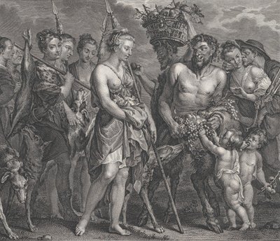 Diana vracející se z honičky, v doprovodu psů a jejích nymf vlevo, dva satyři..., ca. 1808 od Robert de Launay