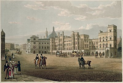 Pohled na Sněmovnu lordů a Commons, z Old Palace Yard, hospoda. 1821 Colnaghi und Co. (akvatinta) od Robert the Elder and Younger Havell