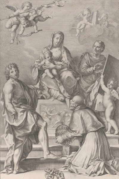 Madona s dítětem v centru se svatým Janem Křtitelem, svatým Lukášem, papežem Petrem Celestinim,..., 1694. od Robert van Audenaerde