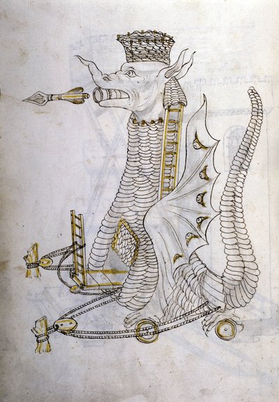 Umění války: studium vojenských strojů. „Arabica machina“, arabský stroj na obléhání města, ilustrace z „De re Militari“ od inženýra Roberta Valturia (1413-1483?) od Roberto Valturio