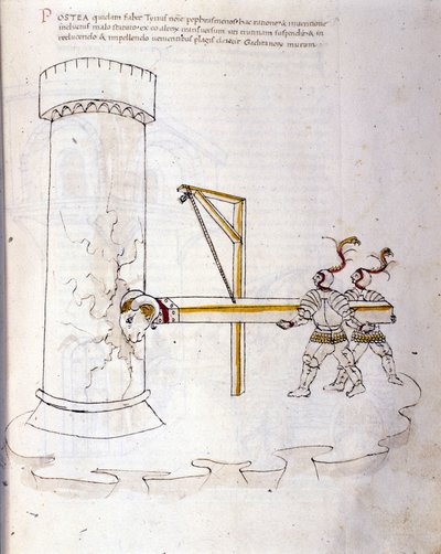 Umění války: studium vojenských strojů. použití berana k obléhání věže, ilustrace z „De re Militari“ od inženýra Roberta Valturia (1405-1483?) od Roberto Valturio