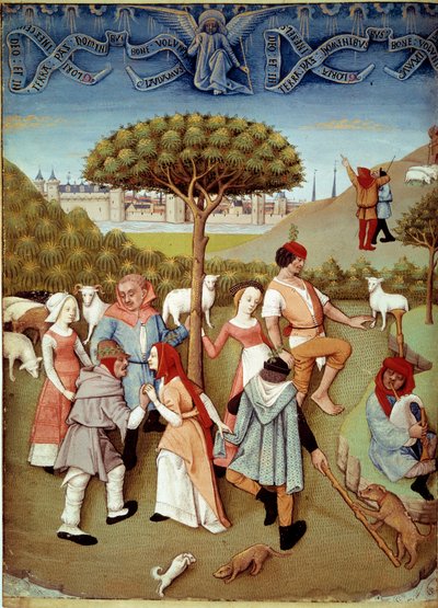 Tanec Champetre Oznámení pastýřům. Miniatura převzata z „“ Book of Hours od Charlese d