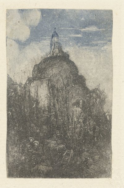 Stavení na skále a odpočívající pastýři s ovečkami na úpatí skály Le Phare Chapelle alpestre od Rodolphe Bresdin