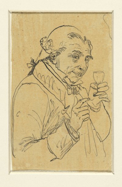 Alter Herr im 18. Jahrhundert Kostüm, in der linken Hand ein Glas Wein erhebend od Rodolphe Bresdin