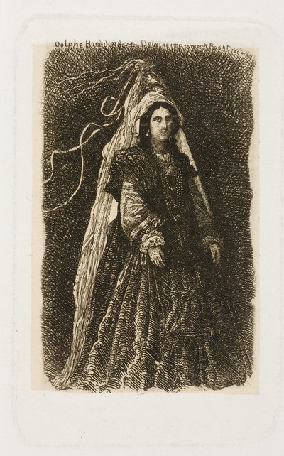 Žena ve fantastickém středověkém kostýmu od Rodolphe Bresdin