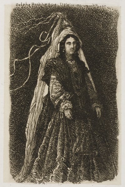 Žena ve fantastickém středověkém kostýmu od Rodolphe Bresdin