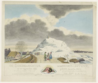 Zmrzlina v Ochtenu, 1789 Ledovec u Ochtenu v Dolním Betuwe; na a proti hrázi naprášené 24. ledna. 1789 (název na objektu) od Roeland van Eynden