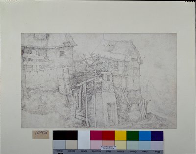 Došková obydlí, částečně v ruinách, na úbočí hory (pero a inkoust s křídou na papíře) od Roelandt Jacobsz. Savery