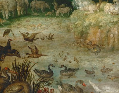 Rybník. Zvířata pijí, kachny plavou, v pozadí jednorožec (malba na plátně) od Roelandt Jacobsz. Savery