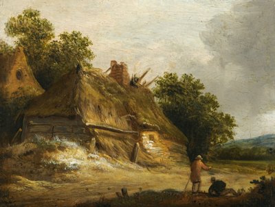 Dvě postavy procházející po silnici před chatou od Roelof Jansz van Vries