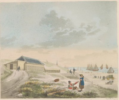 Pláž v Scheveningenu, asi 1825 Pohled na pláž a duny v Scheveningenu a představení lázeňského domu pana Pronka / Vue du rivage et des dunes a Scheveninge et representation des Bains appartement à mons.r Pronk (název na objektu) od Roelof van der Meulen
