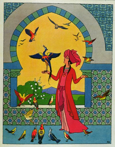 Princezna se radí s ptákem Bulbulhezarem, ilustrace k filmu "Dvě žárlivé sestry" z "Arabských nocí od Roger Broders