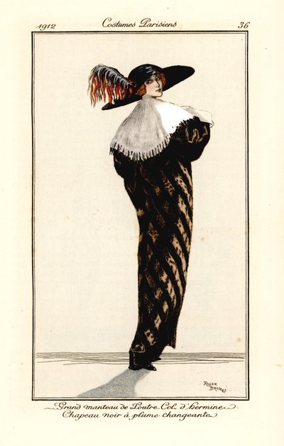 Žena v dlouhém kabátě z vydří kožešiny s erminovým límcem, černý klobouk s pestrobarevným peřím, lept podle ilustrace Rogera Broderse z Journal des Dames et des Modes Tommasa Antonginiho, Aux Bureaux du Journal des Dames, Paříž. od Roger Broders