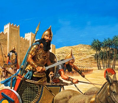 Král Chammurapi jede do války, jeho vůz táhnou osli obzvláště odolného plemene. od Roger Payne