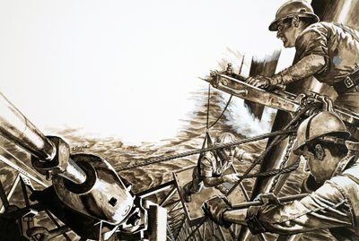 Naftaři na plošině v Severním moři (kvaš na papíře) od Roger Payne