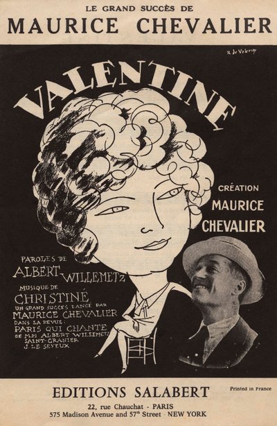 Obálka partitury velkého úspěchu Maurice Chevaliera "Valentine" text Albert Willemetz hudba Christine Salabert, cca 1925 (tisk) od Roger de Valerio