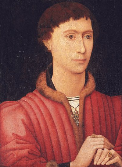 Portrét mladého muže, po poprsí, v červeném kabátci lemovaném kožešinou, cca 1450-60 (olej na desce) od Rogier van der (circle of) Weyden