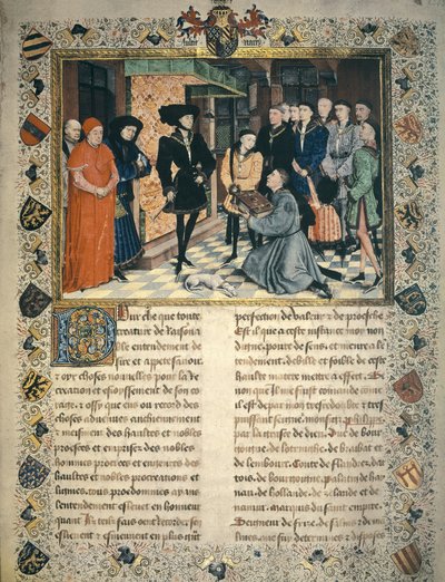Jean Wauquelin (zemřel 1452) představuje překlad Chronicles of Hainaut na Philip III z Burgundska od Rogier van der Weyden