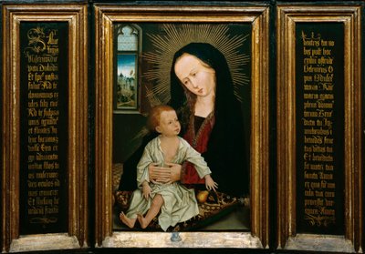 Salve Regina (Salve, ó královno, katolická modlitba), znázornění Panny Marie s dítětem drží hrušku (olej na dřevě) od Rogier van der Weyden