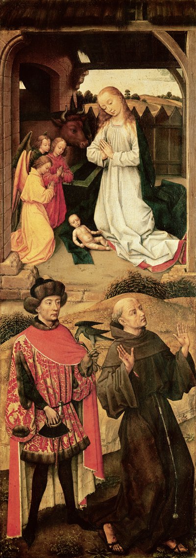 Triptych Kalvárie (levý panel, Narození Páně v horní části, svatý František z Assisi a možná svatý Julián špitální ve spodní části) od Rogier van der Weyden