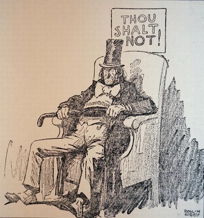 ‚Nebudeš‘, karikatura odsuzující konzumaci alkoholu během éry americké prohibice (1920-33) (litho) od Rollin Kirby