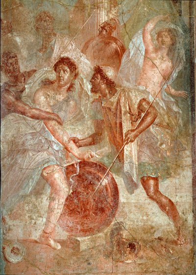 Achilles, přestrojení za ženy, je rozpoznán Ulyssesem mezi dcerami Lycomede a Scyros Fresco z Pompejí. 1. století našeho letopočtu. Ztlumit. 145,5x137,5 cm Neapol, národní archeologické muzeum - římské umění. Násilný boj mezi obyvateli Pompejí a Noceru od Roman