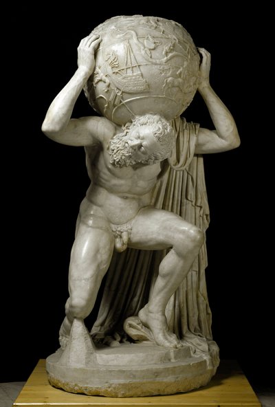 Atlas Farnese Atlas s nebeským glóbem symbolizujícím astronomické znalosti daného období. Římská mramorová socha podle řeckého originálu. 2. století. Ztlumit. 191 cm Museo Archeologico Nazionale, Neapol od Roman