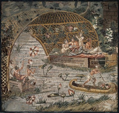 Banket pod pergolou u Nilu - Detail nilské mozaiky Palestrina - 3. století př. n. l. - Nilská mozaika Palestrina - 3. století př. n. l., 95x102 cm - Staatliche Museen, Berlín od Roman