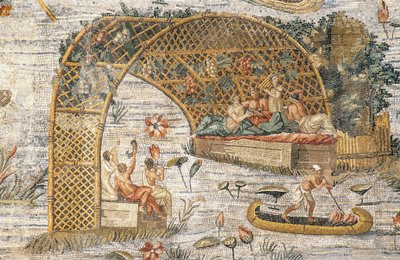 Banket pod pergolou, detail z nilotské mozaiky záplav řeky Nil v Egyptě, ze svatyně Fortuna Primigenia v Palestrině, Lazio, Itálie, římská civilizace od Roman