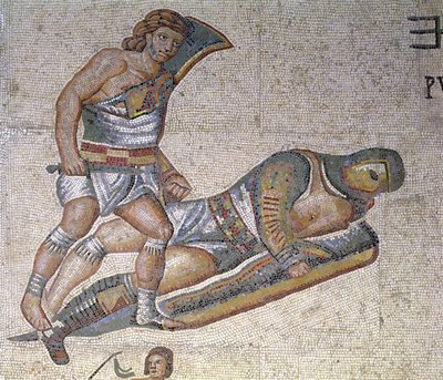 Bitva mezi gladiátory, detail gladiátora přišpendlujícího druhého k zemi, 320 n. l. (mozaika) od Roman