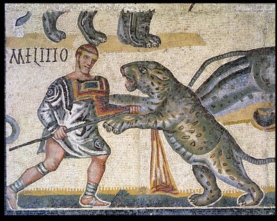 Bitva gladiátorů proti divokým kočkám, detail zobrazující gladiátora běžícího divokou kočkou, 320 n. l. (mozaika) od Roman