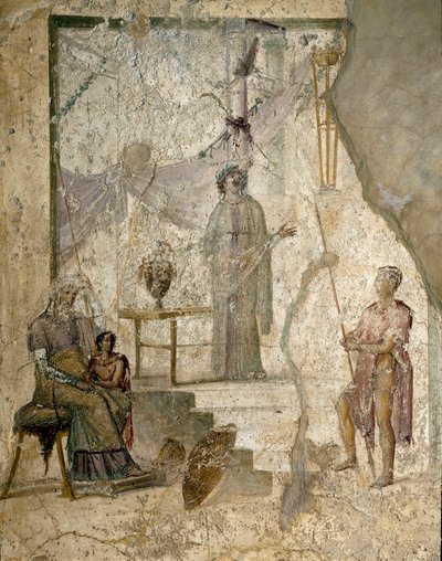 Cassandra prorokuje pád Tróje, její otec Priam sedí vlevo, její bratr Paris drží jablko Discordu a válečník se opírá o kopí (pravděpodobně Hector) - Fresco od Roman