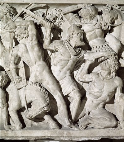 Detail sarkofágu s vyobrazením bitvy mezi Římany a galatským kamenem od Roman