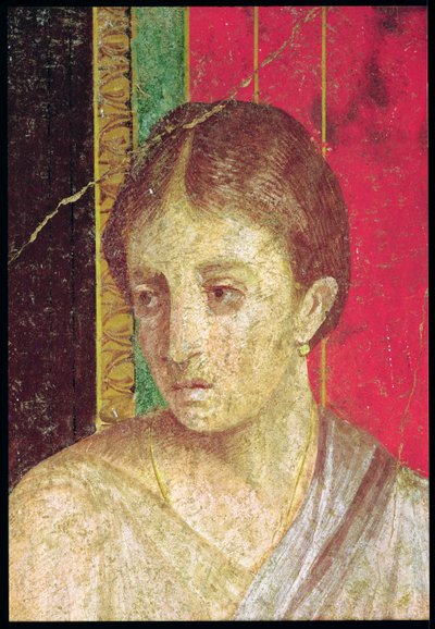 Detail hlavy Sedící matky, z katechistické scény, Severní stěna, Oecus 5, 60-50 př. n. l. freska viz také 20015 od Roman