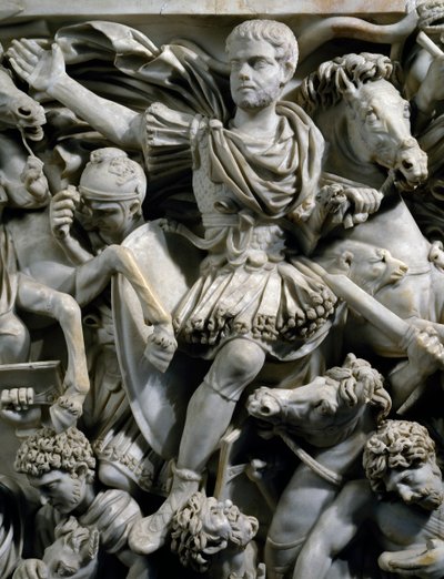 Jezdecký portrét Hostiliana, syna císaře Decia, spolu s jeho strážci na koni, detail z Velkého sarkofágu Ludovisi s reliéfem zobrazujícím bitvu mezi Římany a Ostrogóty, cca 260, římská civilizace, 3. stol. od Roman